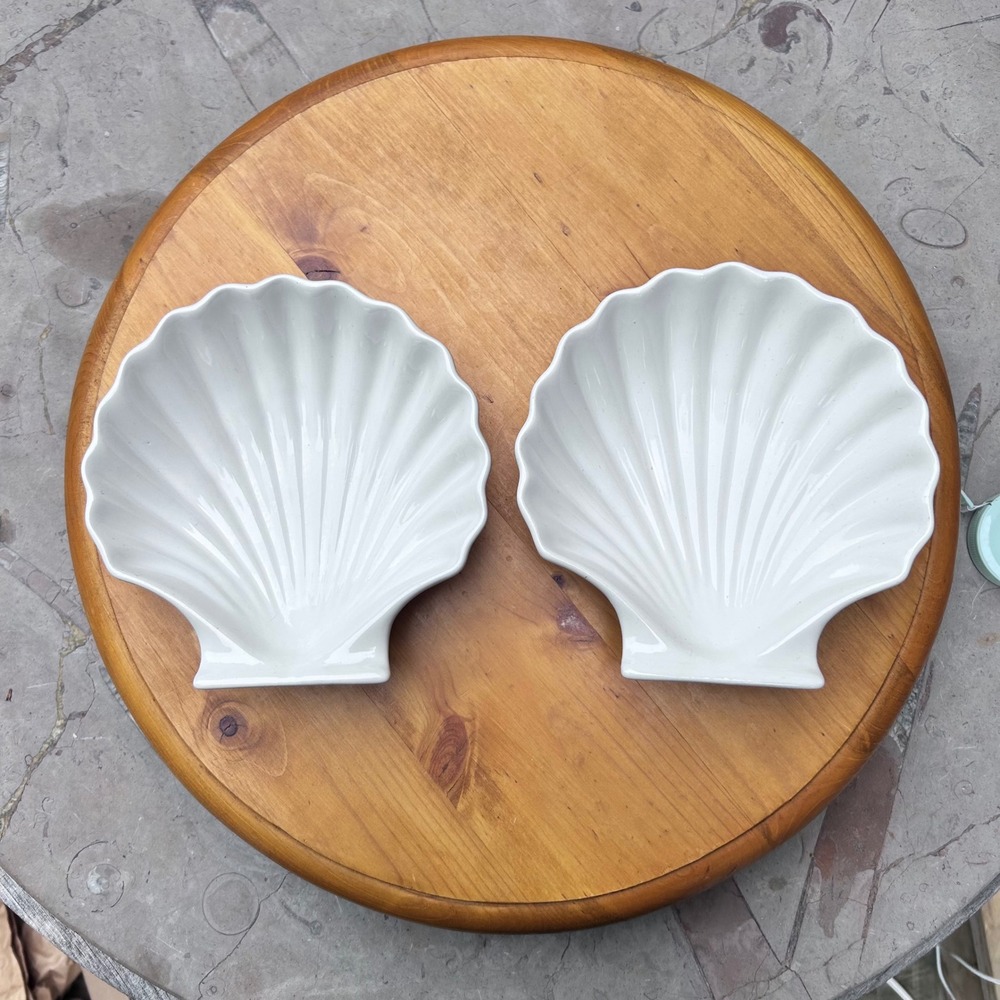 Vintage Ceramic Shell Dishes White Scallop Baking Bowls Coastal Decor Japan Pair